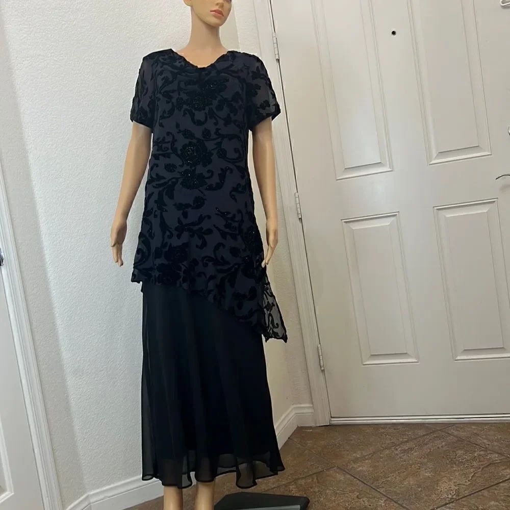 Eva Blue Sz 12 Black Velvet Beaded Draped Neck Short Sleeve Sheer Lined Maxi